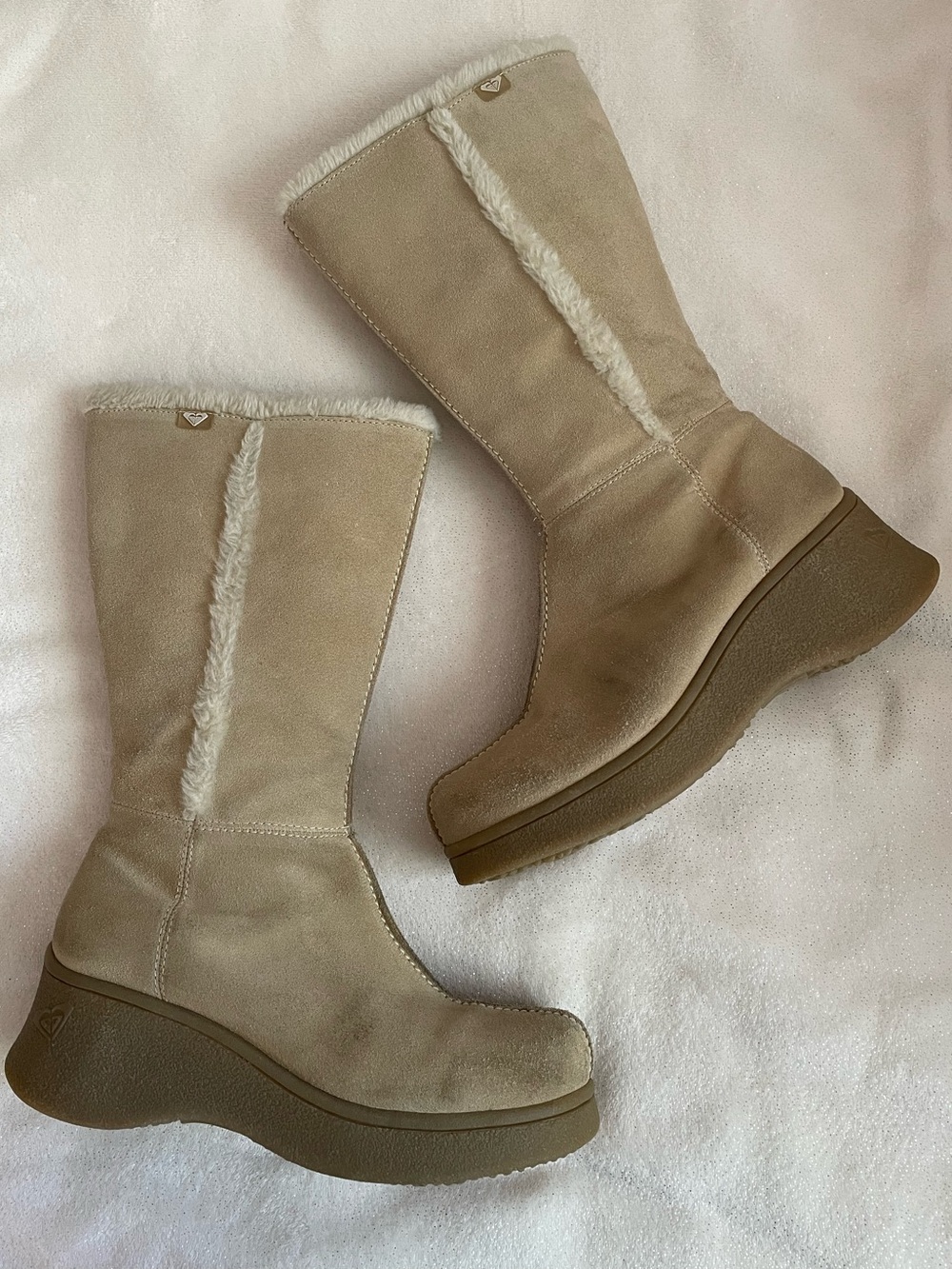 Vintage y2k Roxy Genuine Leather Suede Faux Shearling Platform Chunky Boots